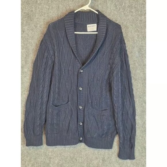 Old Navy Men Navy Blue Cable Knit Shawl Collar Cardigan Sweater Size M Classic - Picture 1 of 6